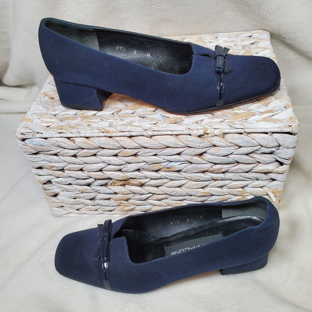 VTG Evan Picone 90s Navy Block Heel Pumps Suede Square Toe 8 M Navy Old Money
